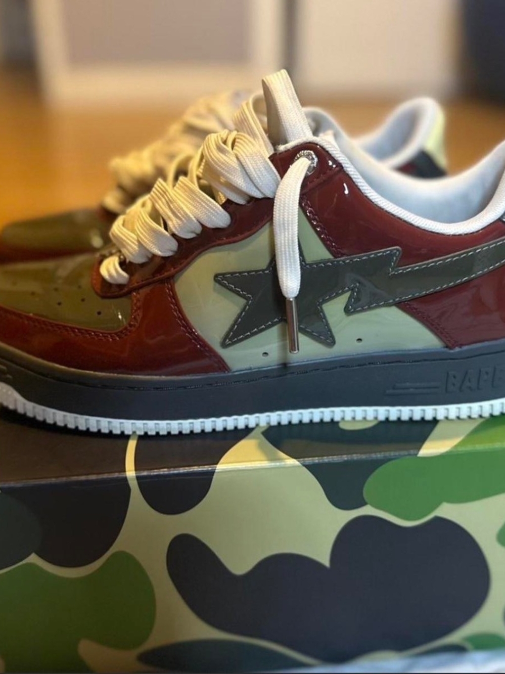 Bape Low-Top Sneakers in Burgundy, Olive & Cream